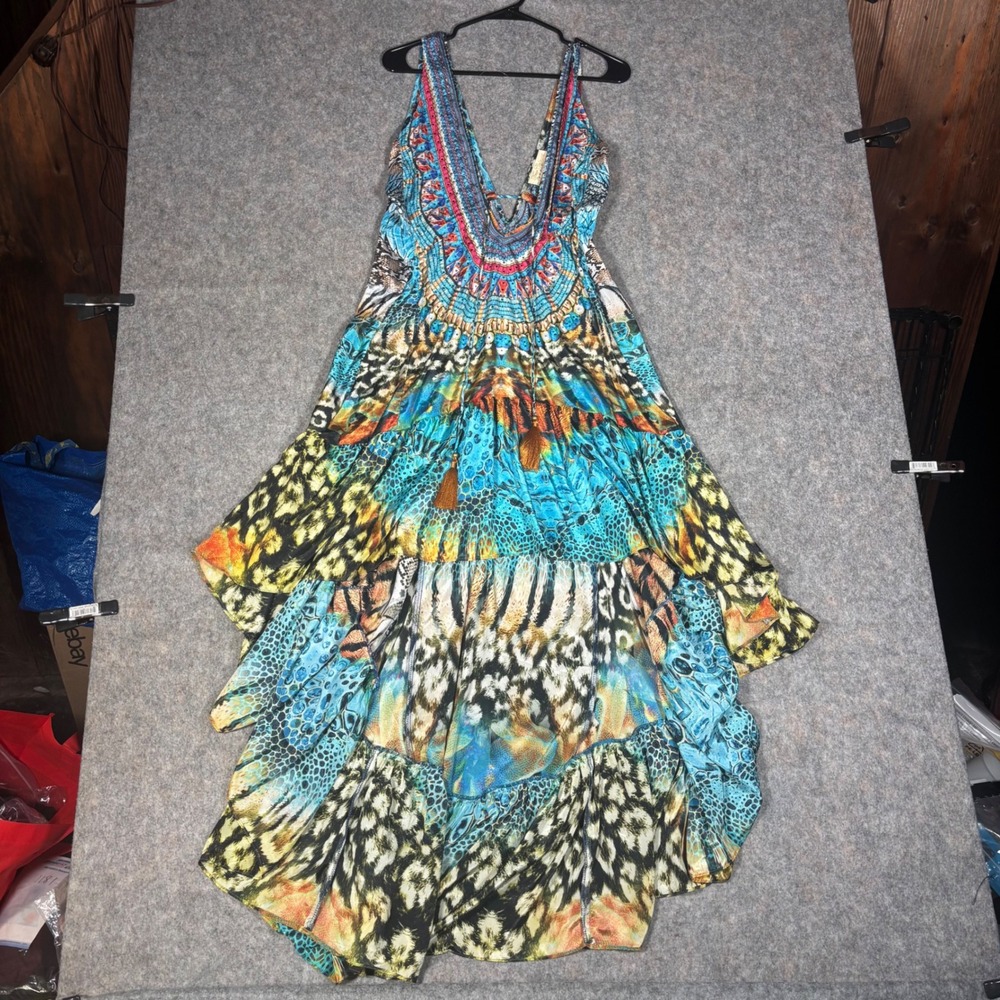 True Colours La Moda Maxi Dress L/XL Blue Animal Print Rhinestone Tassel Boho